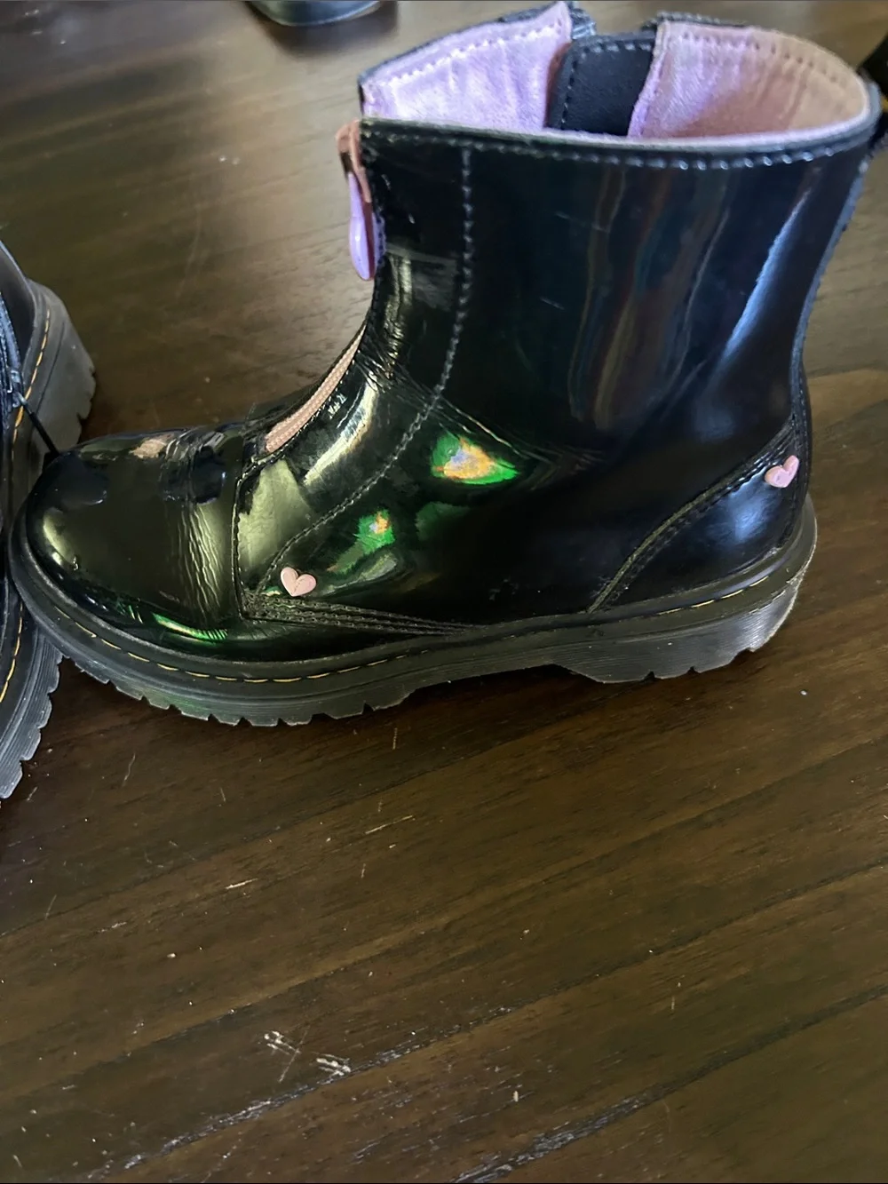 Dr. Martens Kids Black Patent Boots with Pink Trim and Pink Front Zip